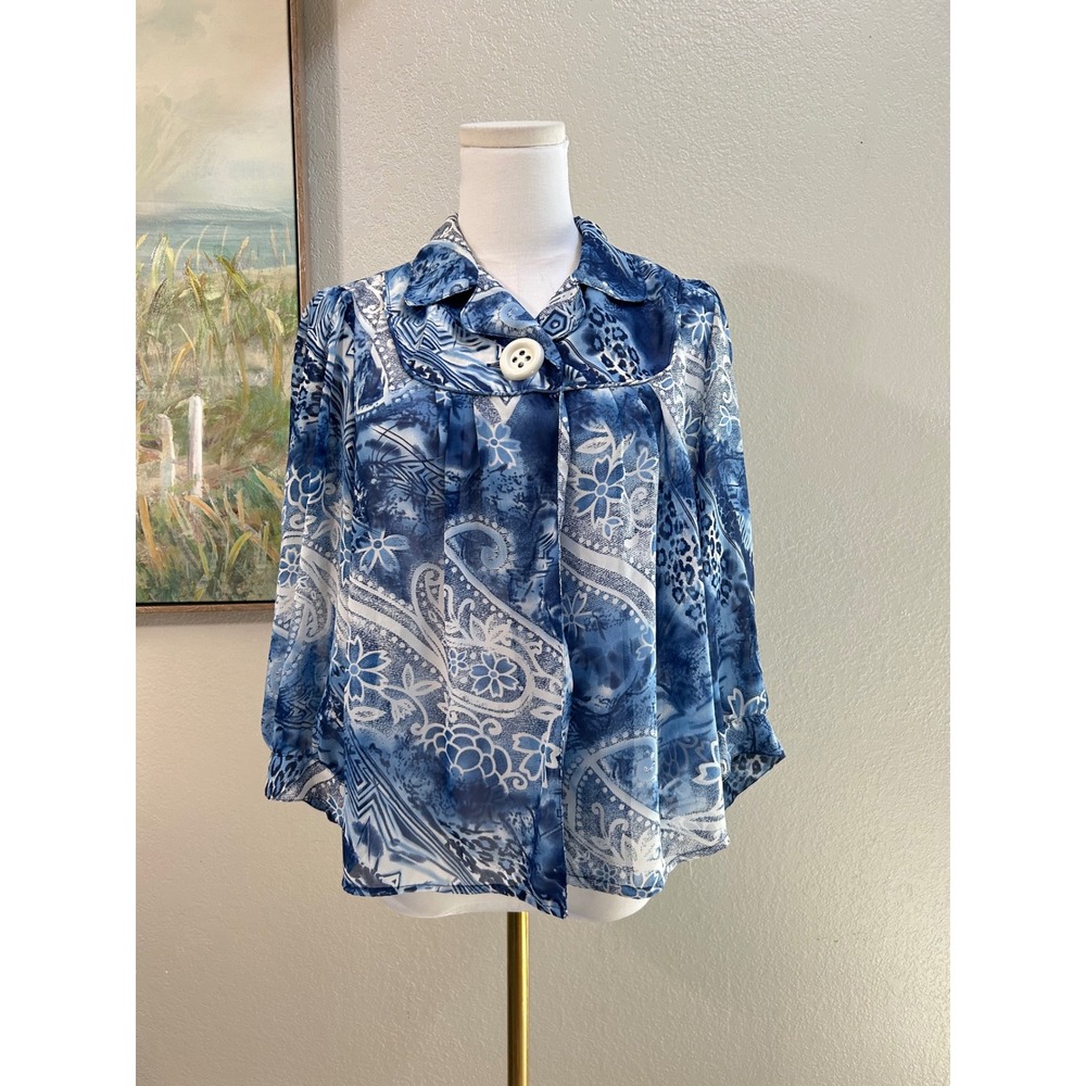 Christopher & Banks Blue Paisley Sheer 3/4 Sleeve Button Neck Blouse Medium